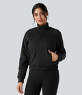 Reversible High Neck Long Sleeve Fleece Hiking Jacket with Pockets (Two Looks in One)