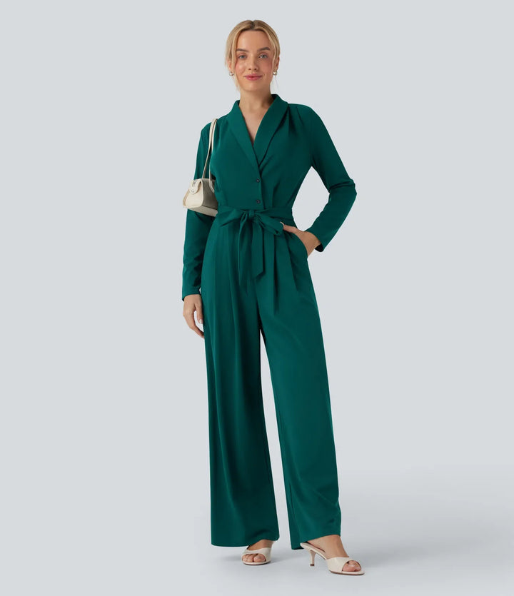 V-neck Long Sleeve Belted Jumpsuit with Pockets-Easy Peezy