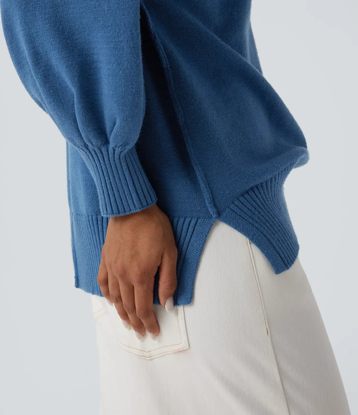 V Neck Dropped Shoulder Long Sleeve Split Casual Sweater