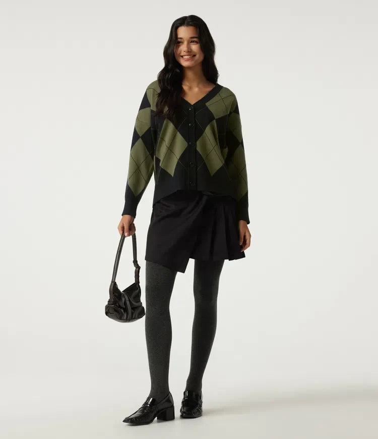 V Neck Long Sleeve Diamond Check Casual Cardigan