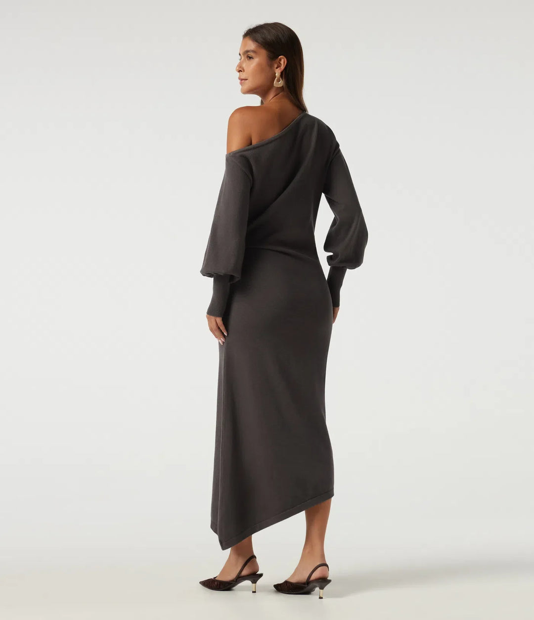 One Shoulder Puff Long Sleeve Asymmetric Work Midi Sweater Dress