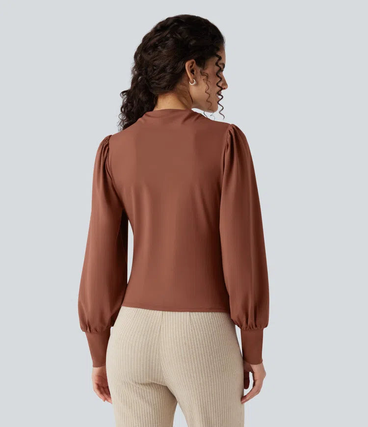 Mock Neck Long Sleeve Ruched Casual Top