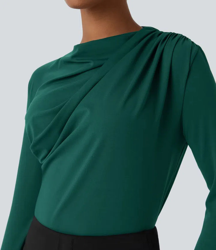 Cowl Neck Ruched Long Sleeve Slim Work Top
