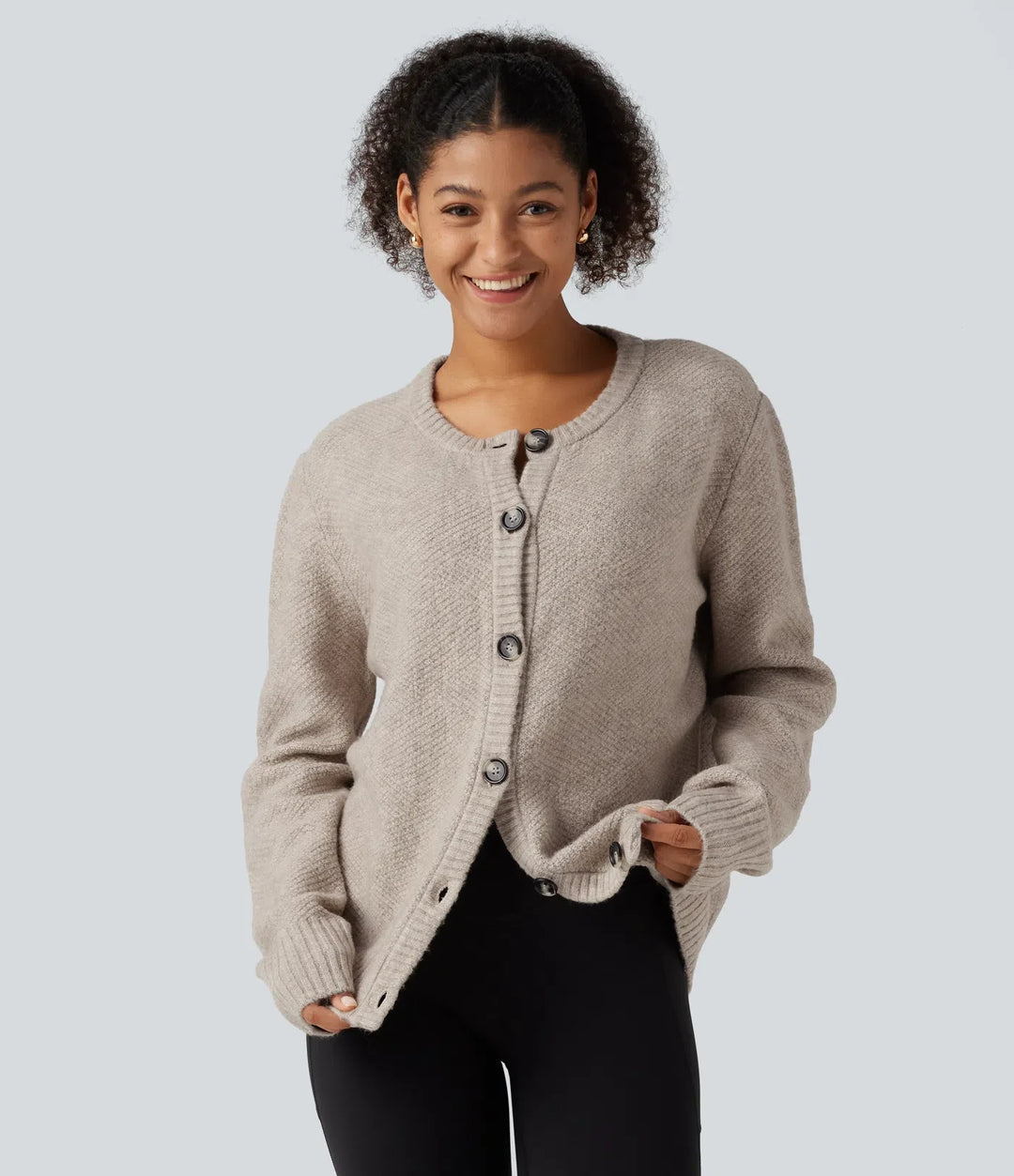 Round Neck Long Sleeve Button Fly Work Sweater