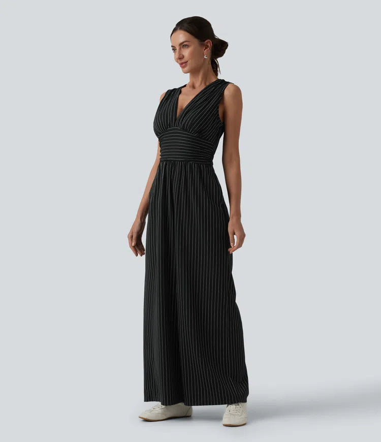V Neck Sleeveless Ruched Stripes Work Jumpsuit with Pockets-Easy Peezy