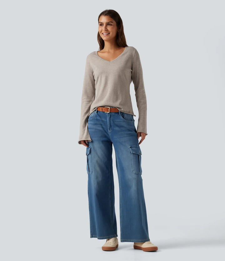 V Neck Flounce Long Sleeve Rolled Hem Casual Sweater