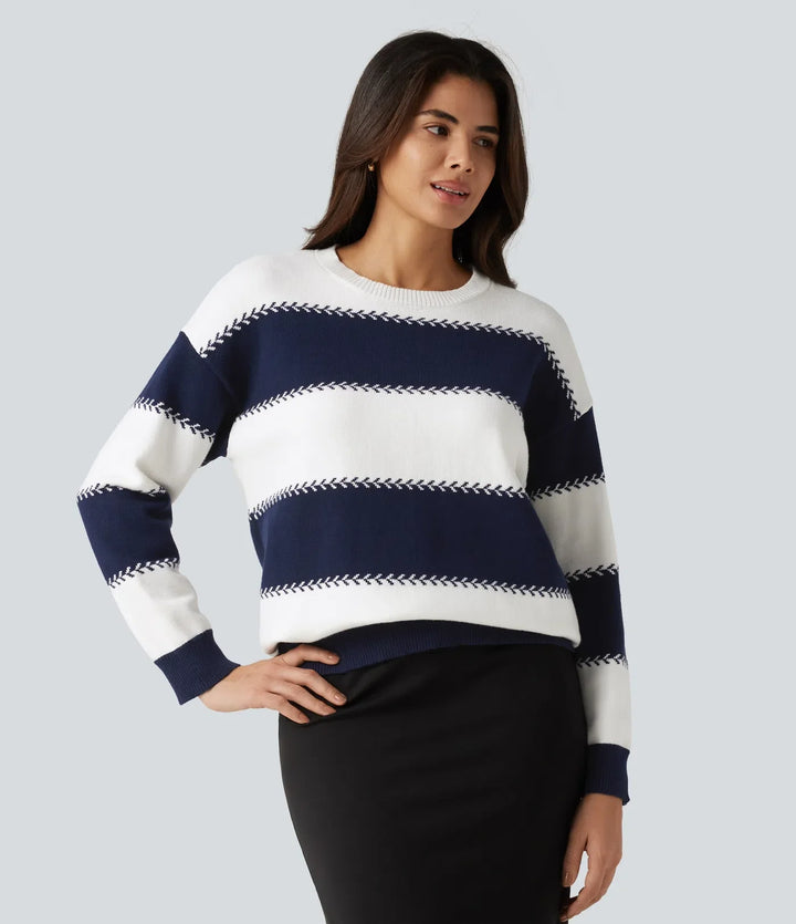Round Neck Long Sleeve Stripe Casual Sweater