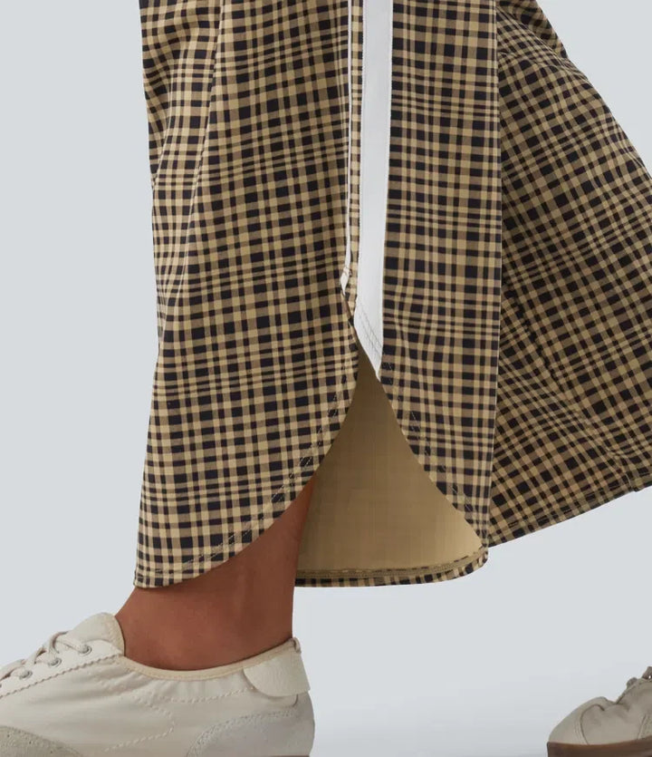 High Waisted Tummy Control Plaid Wide Leg Running Pants with Pockets