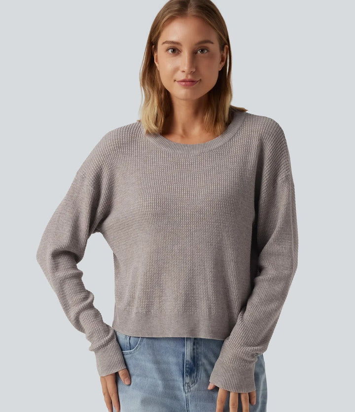 Round Neck Long Sleeve Cut-Out Back Casual Sweater