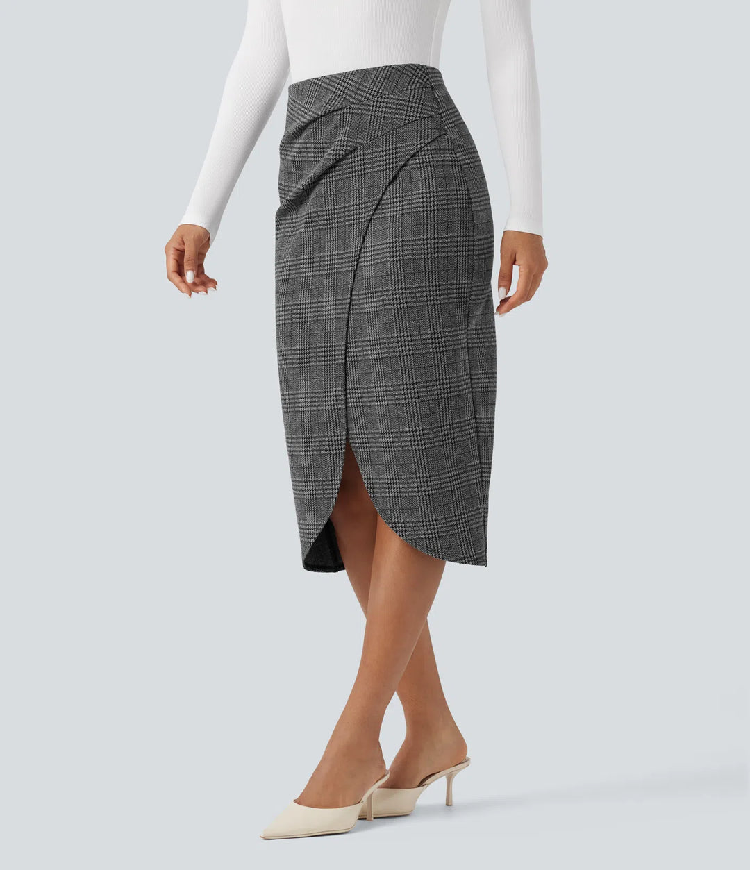 High Waisted 2-in-1 Tulip Hem Houndstooth Plaid Midi Work Skirt