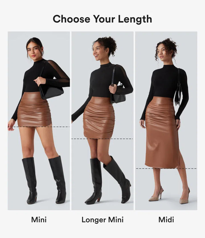 High Waisted Tummy Control Ruched Curved Hem 2-in-1 Fleece PU Mini Bodycon Skirt
