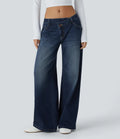 Halara Flex Asymmetric Low Rise Zipper Pockets Baggy Wide Leg Washed Casual Jeans