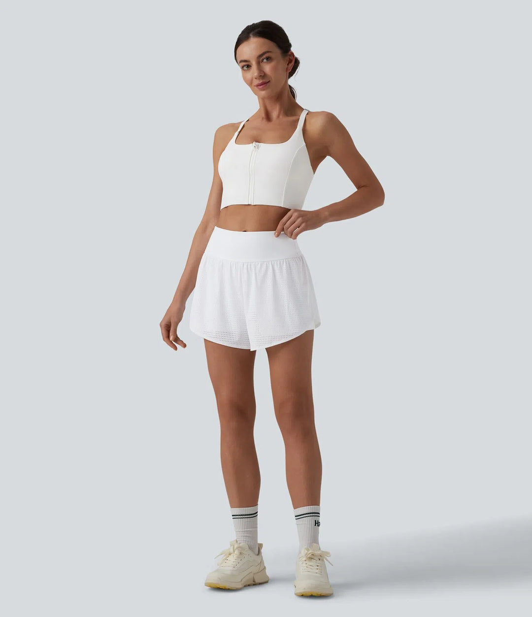 High Waisted Tummy Control Reflective Dots Crossover Curved Hem 2-in-1 Eyelet Yoga Shorts with Pockets