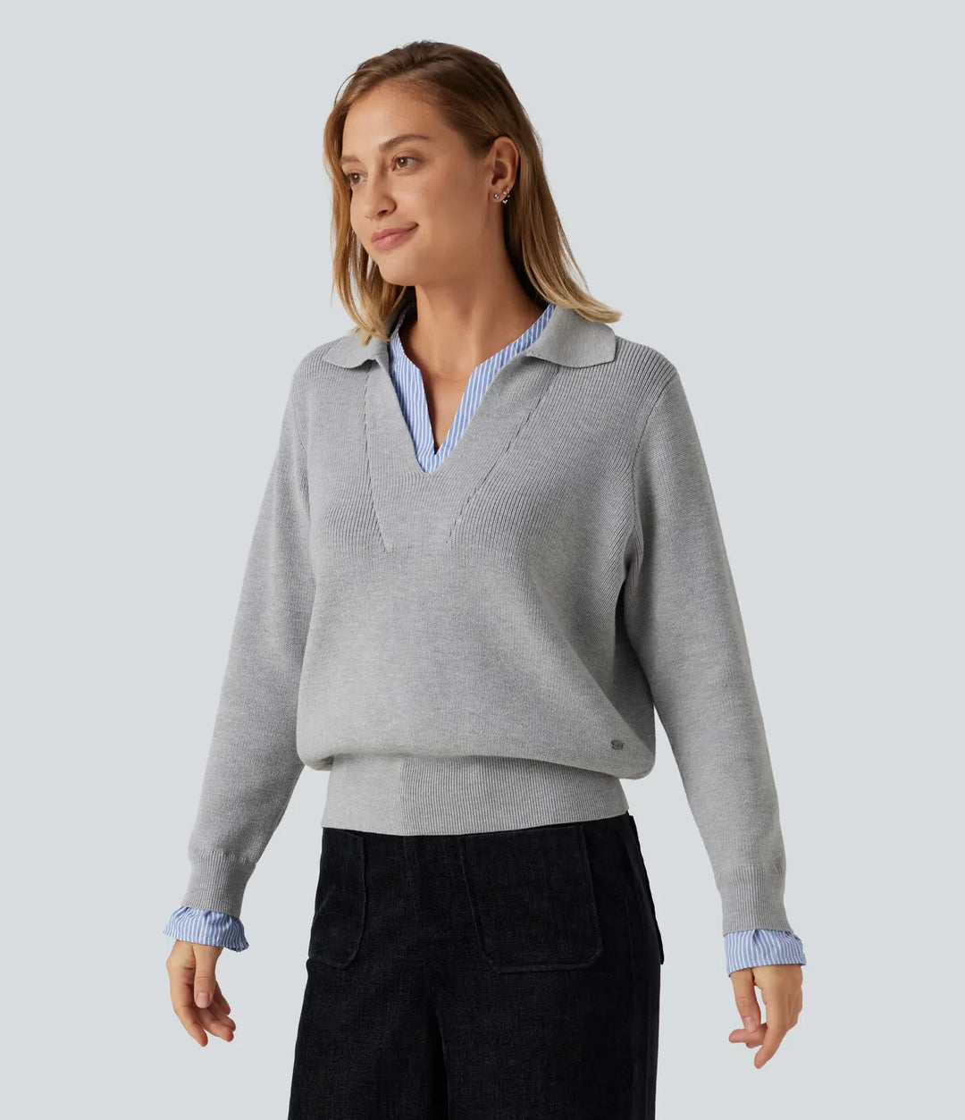 Collared V Neck Long Sleeve 2-in-1 Work Sweater