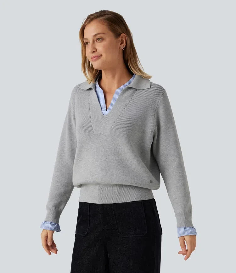 Collared V Neck Long Sleeve 2-in-1 Work Sweater