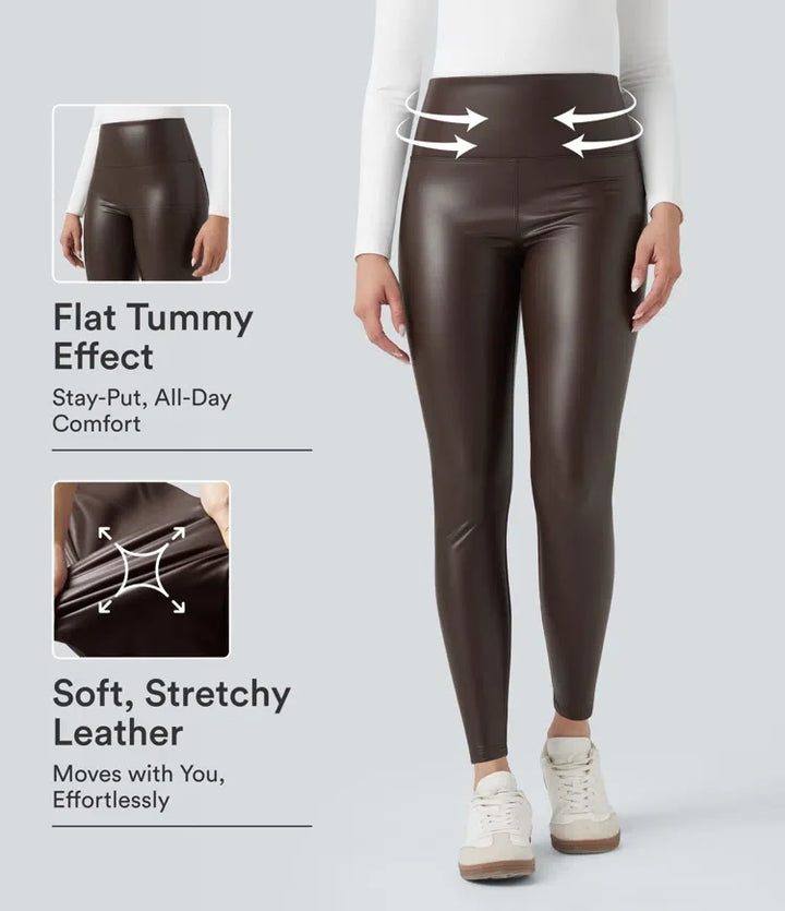 High Waisted Tummy Control Stretchy PU Fleece 7/8 Skinny Casual Leggings with Pockets