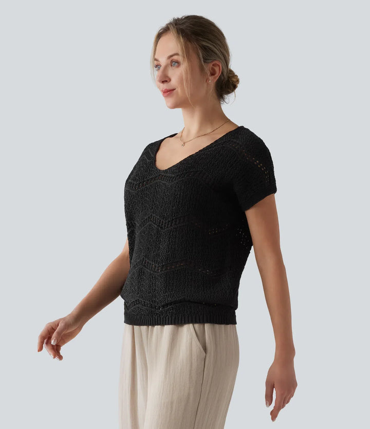 V Neck Short Sleeve Sweater