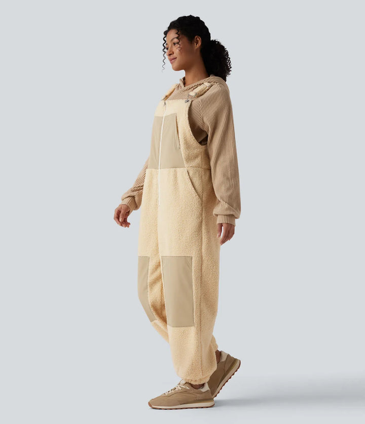 Adjustable Straps Casual Sherpa Overalls with Pockets