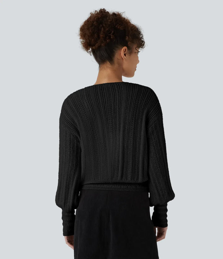 Sheer V Neck Long Sleeve Work Sweater-Front and Back Wearable