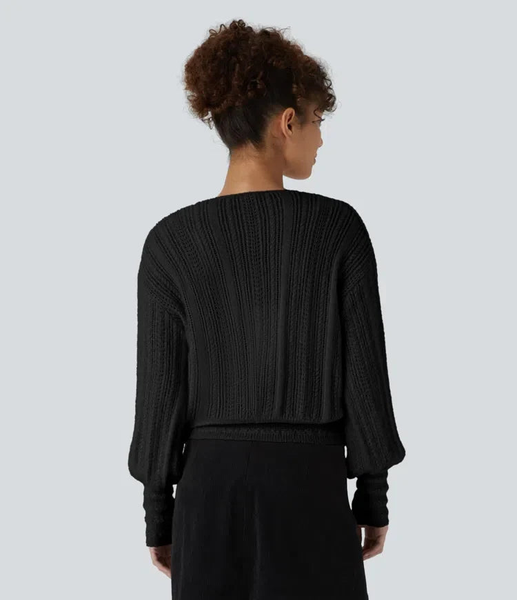 Sheer V Neck Long Sleeve Work Sweater-Front and Back Wearable