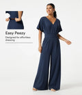 V Neck Short Sleeve Ruched Wide Leg Casual Jumpsuit with Pockets -Easy Peezy Edition