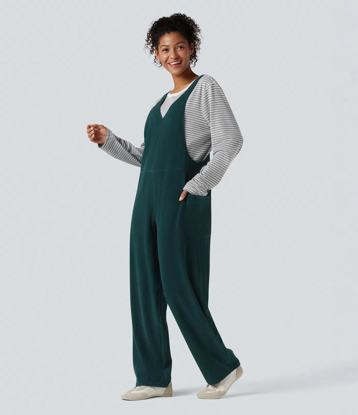 V Neck Corduroy Casual Overalls with Pockets