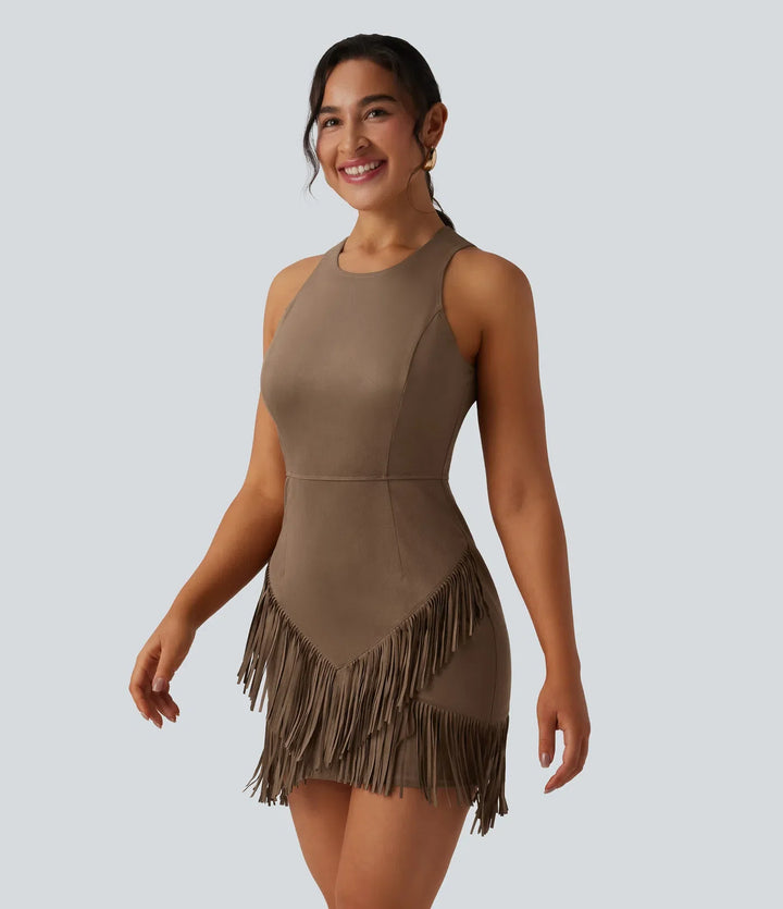 Round Neck Sleeveless Fringe Bodycon Suede Mini Dress