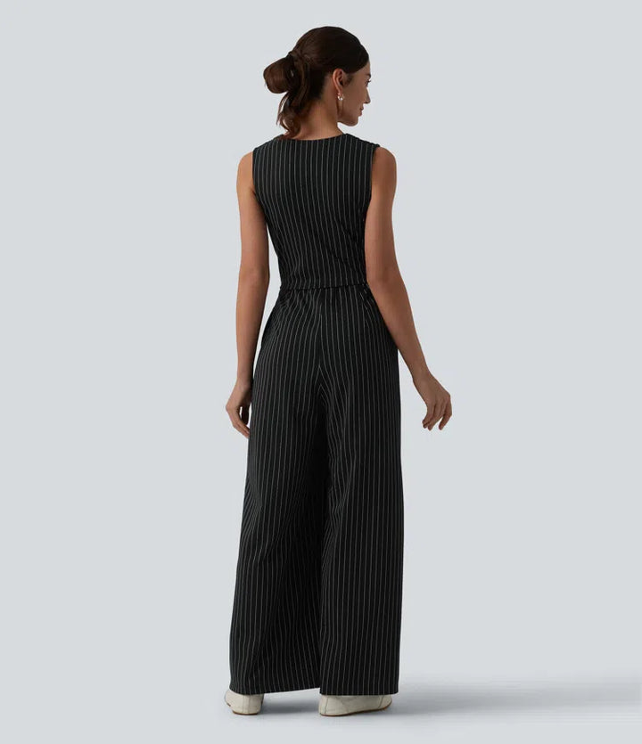 V Neck Sleeveless Ruched Stripes Work Jumpsuit with Pockets-Easy Peezy