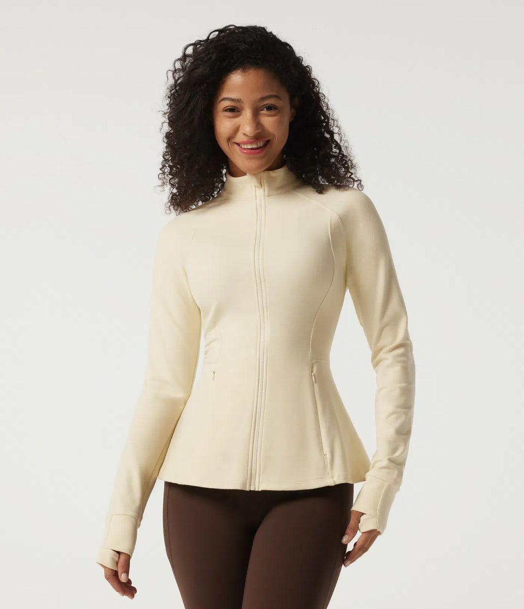 Stand Collar Long Sleeve Yoga Jacket with Pockets and Thumb Holes