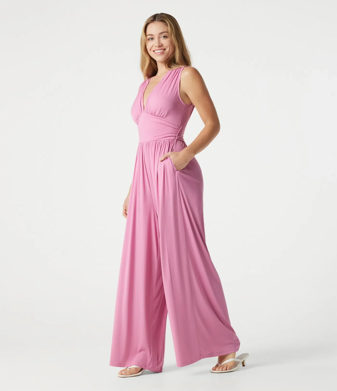 Ribbed V Neck Sleeveless Ruched Built-in Bra Casual Jumpsuit with Pockets-Easy Peezy Edition