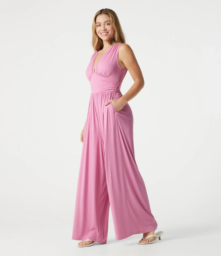 Ribbed V Neck Sleeveless Ruched Built-in Bra Casual Jumpsuit with Pockets-Easy Peezy Edition