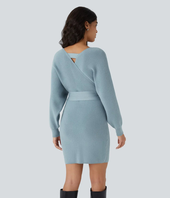 Crossover V Neck  Batwing Long Sleeve Belted Mini Casual Sweater Dress