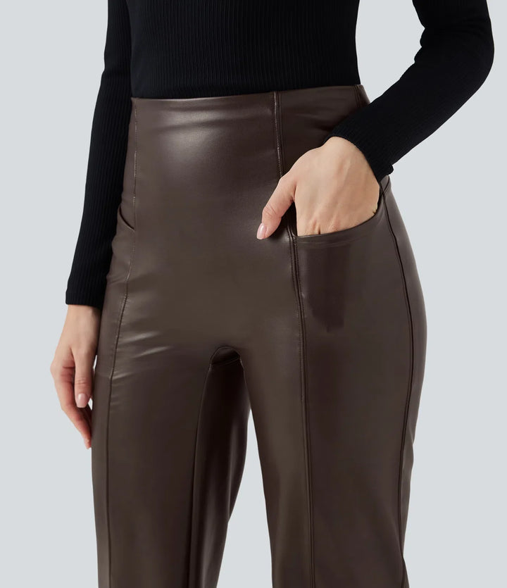 High Waisted Tummy Control Stretchy PU Fleece Casual Flare Pants with Pockets