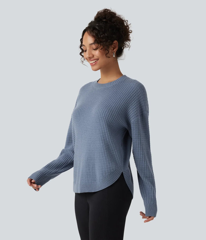 Round Neck Long Sleeve Curved Hem Work Sweater