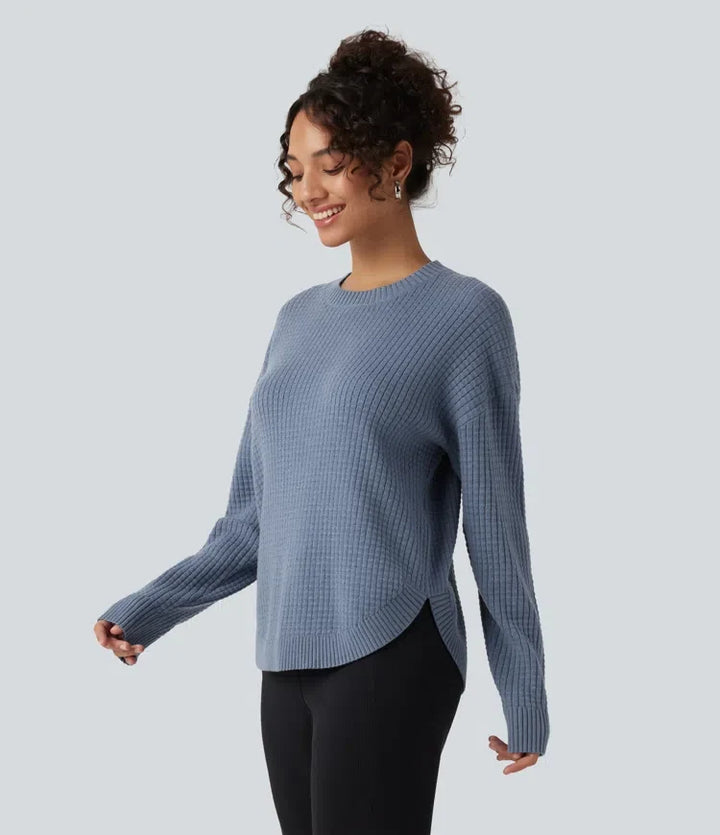 Round Neck Long Sleeve Curved Hem Work Sweater