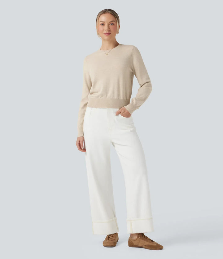 Round Neck Long Sleeve Wool-Blend Work Sweater