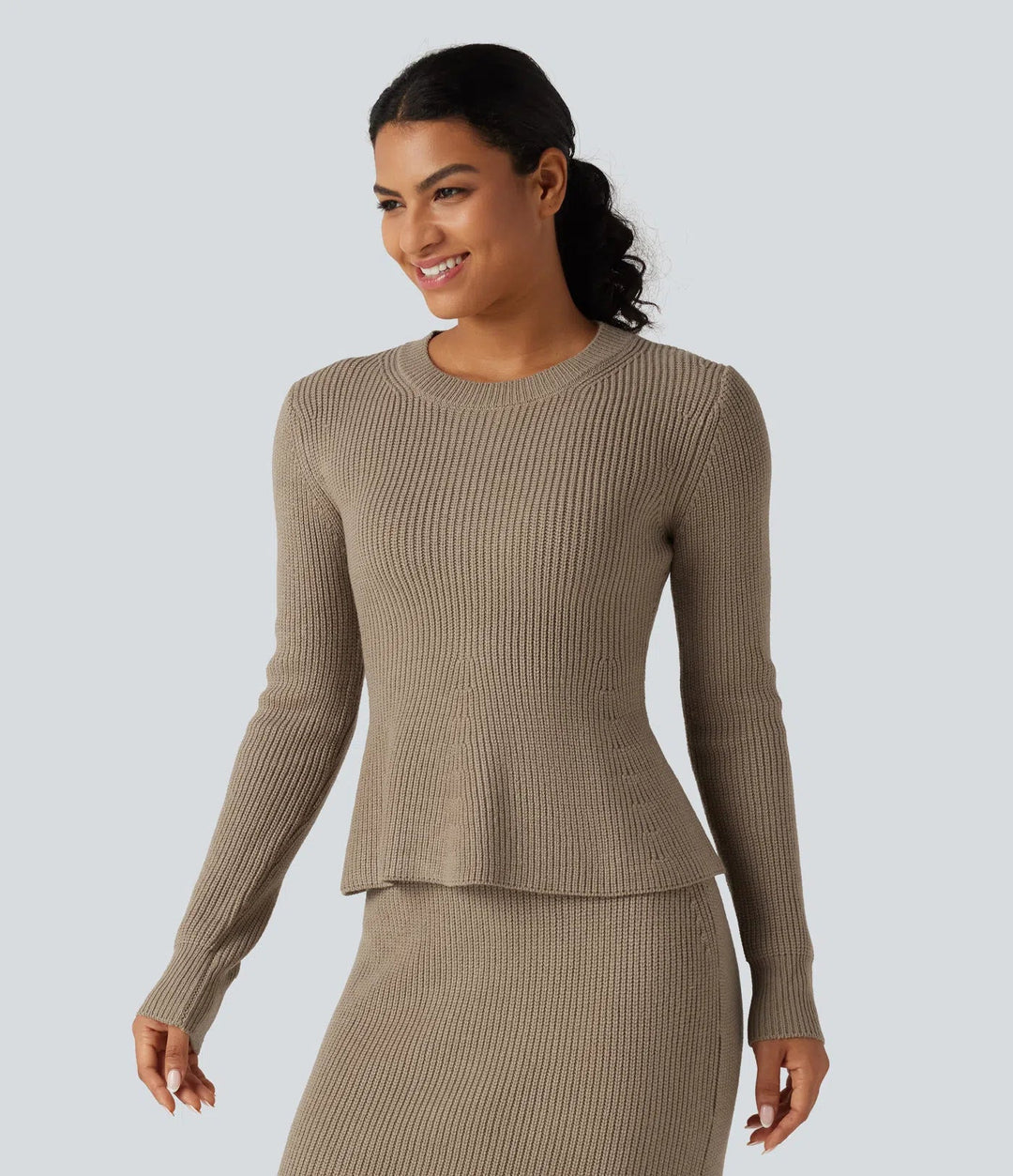 Round Neck Long Sleeve Ruffle Hem Work Sweater