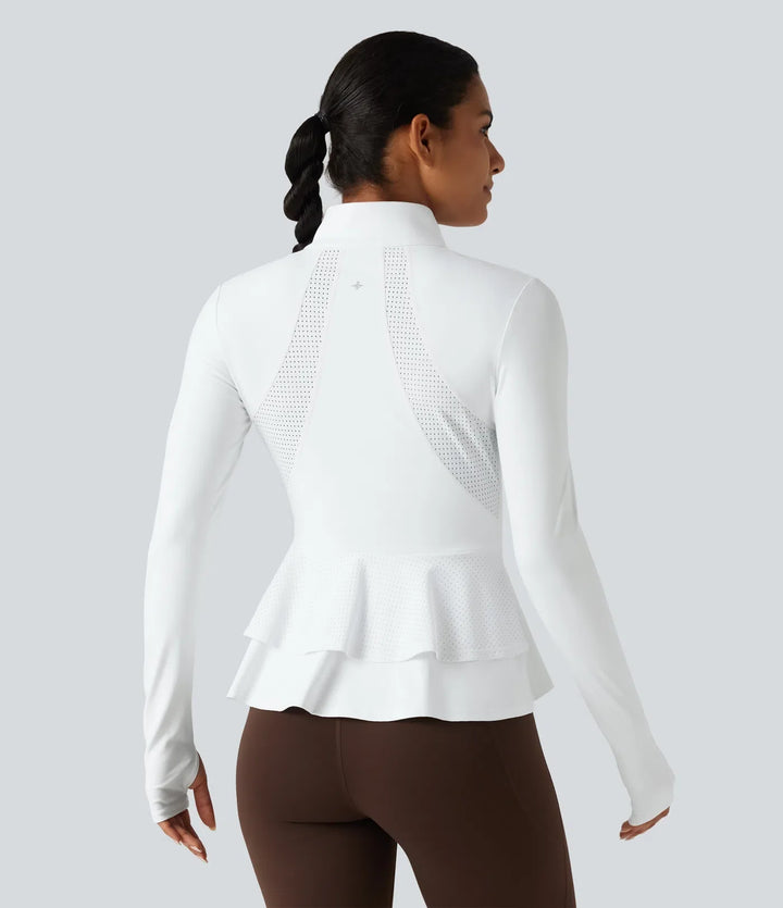 SoftlyZero Airy Stand Collar Long Sleeve Thumb Hole Eyelet Ruffle Hem InstantCool Yoga Jacket with Pockets-UPF50+
