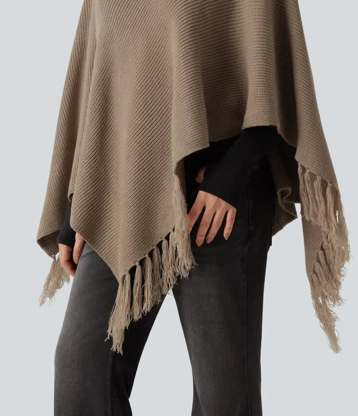 Boat Neck Fringe Poncho Cape Casual Sweater