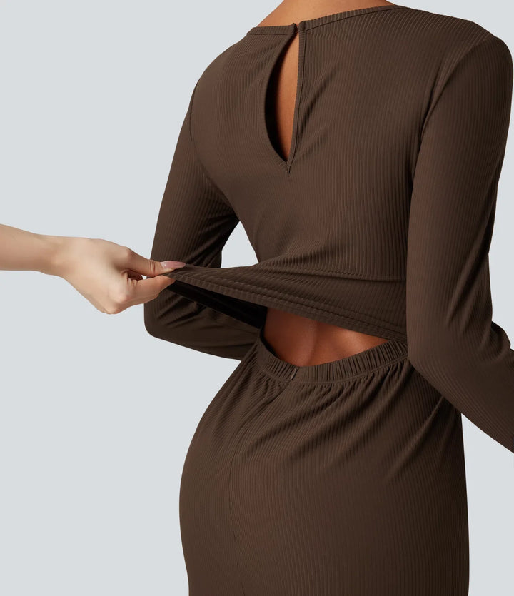 Ribbed Round Neck Long Sleeve Corset Casual Jumpsuit with Pockets-Easy Peezy Edition
