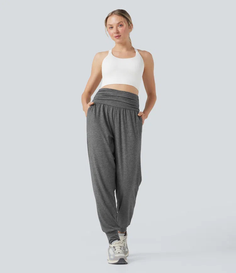 High Waisted Ruched Heathered Yoga Joggers with Pockets