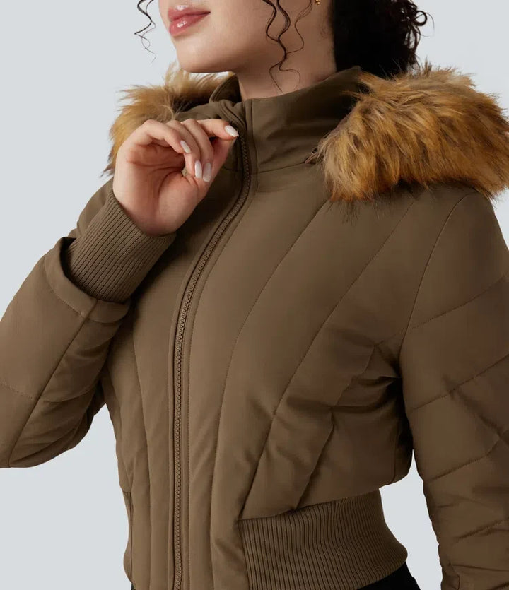 PuffFlex Removable Faux Fur Trim Hooded Long Sleeve Casual Padded Jacket