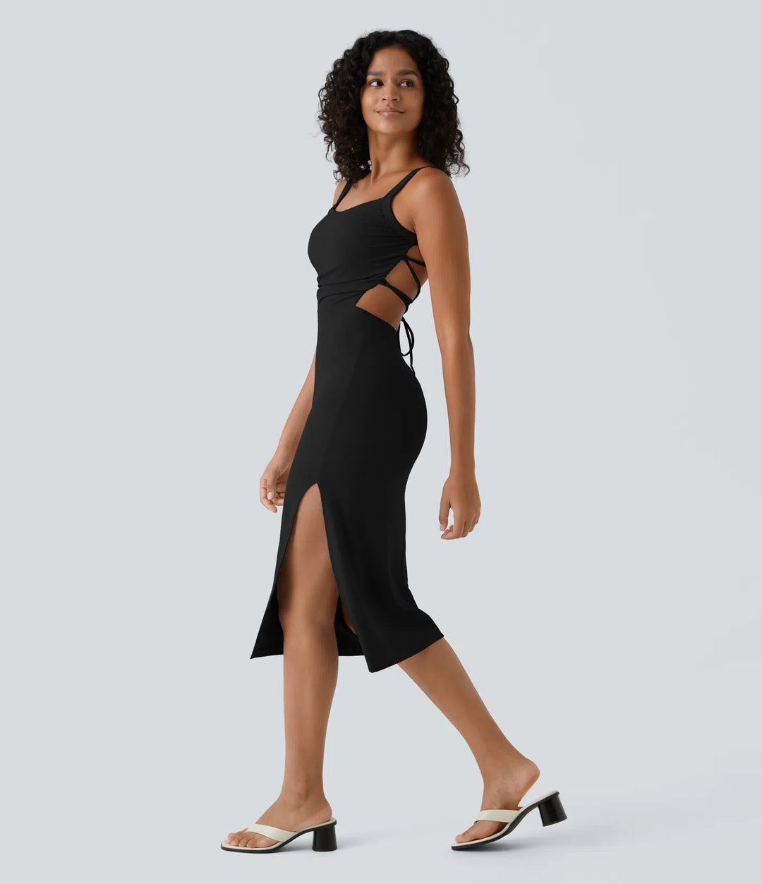 Ruched Lace Up Bodycon Midi Casual Dress