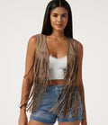 V Neck Open Front Fringe Suede Casual Vest