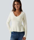 V Neck Long Sleeve Ruffle Hem Slim Casual Sweater