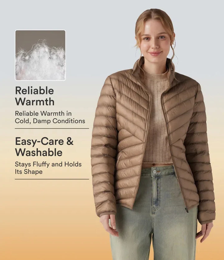 Packable Stand Collar Long Sleeve Zipper Casual Synthetic Down Jacket with Pockets