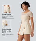 SoftlyZero Plush Boat Neck Built-in Bra Contrast Mesh Short Sleeve Party Romper with Pockets-Easy Peezy Edition