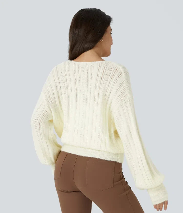 Sheer V Neck Long Sleeve Work Sweater-Front and Back Wearable