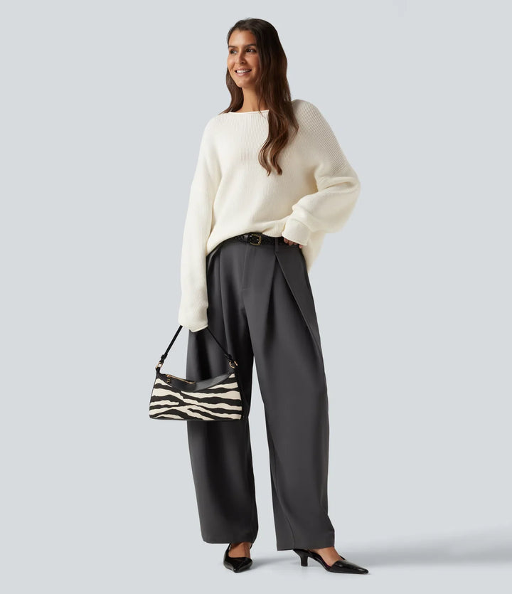 Round Neck Long Sleeve Rolled Hem Work Sweater