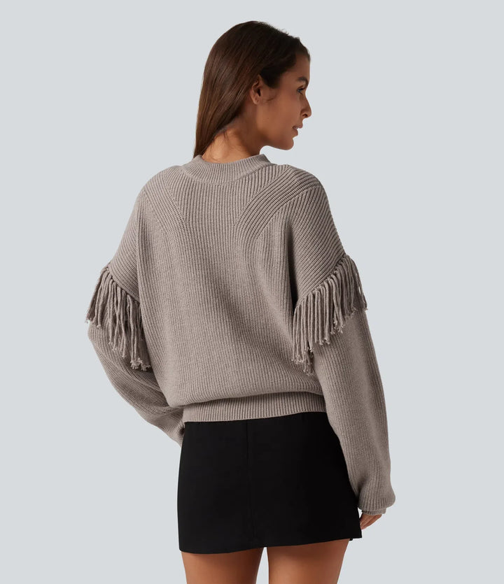 Round Neck Long Sleeve Fringe Work Sweater